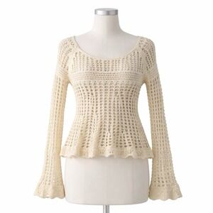 Free People Crochet Sweater Top Women's XS Ivory Open Knit Bell Sleeve‎ Boho